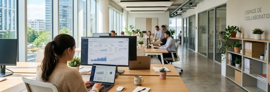 Bureau professionnel contemporain avec écran affichant un tableau de bord financier flouté, pièce lumineuse et épurée