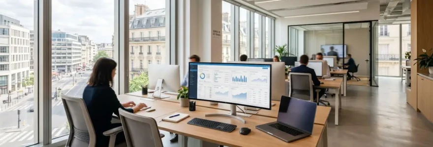 Bureau professionnel contemporain avec écran affichant un tableau de bord financier flouté, pièce lumineuse et épurée