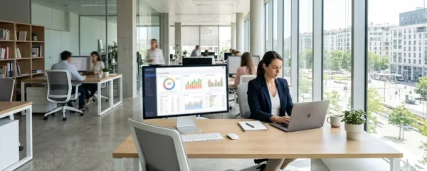 Bureau professionnel contemporain avec écran affichant un tableau de bord financier flouté, pièce lumineuse et épurée