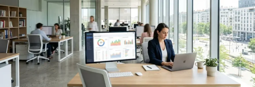 Bureau professionnel contemporain avec écran affichant un tableau de bord financier flouté, pièce lumineuse et épurée