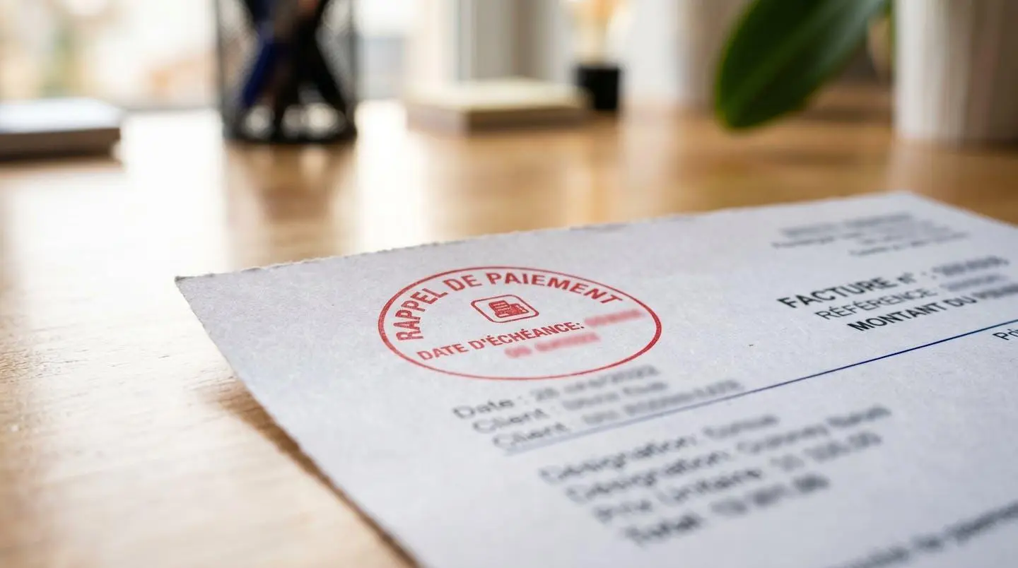 Gros plan sur document de facture avec tampon impayé, texture papier, stylo en arrière-plan flouté