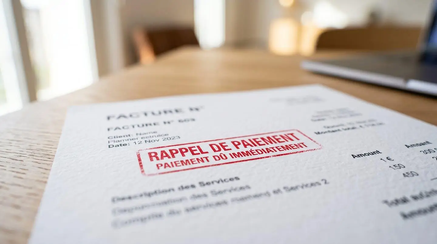 Gros plan sur document de facture avec tampon impayé, texture papier, stylo en arrière-plan flouté