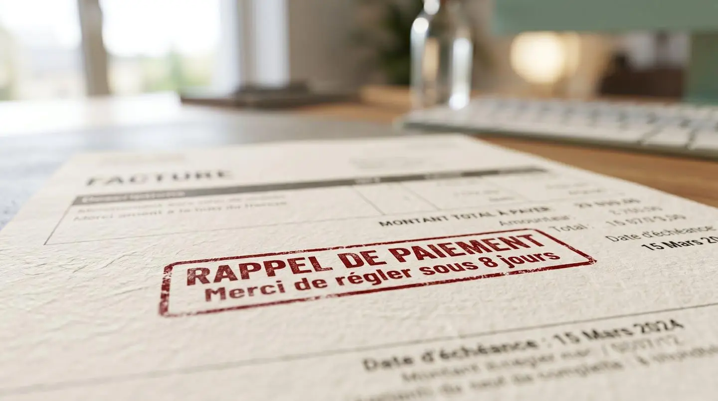 Gros plan sur document de facture avec tampon impayé, texture papier, stylo en arrière-plan flouté