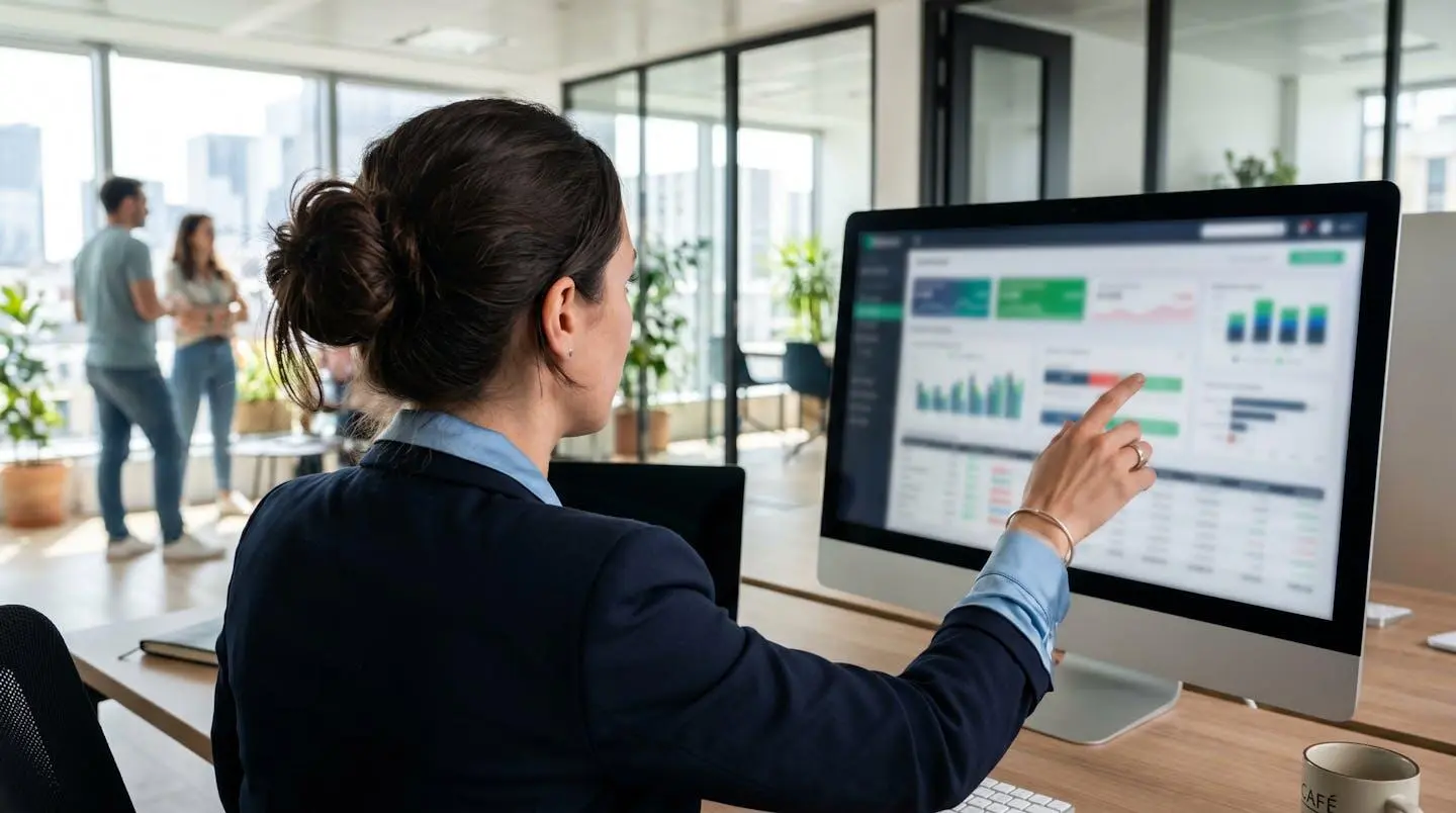 Personne de dos consultant un tableau de bord financier sur ordinateur, geste de pointage, ambiance de travail concentré