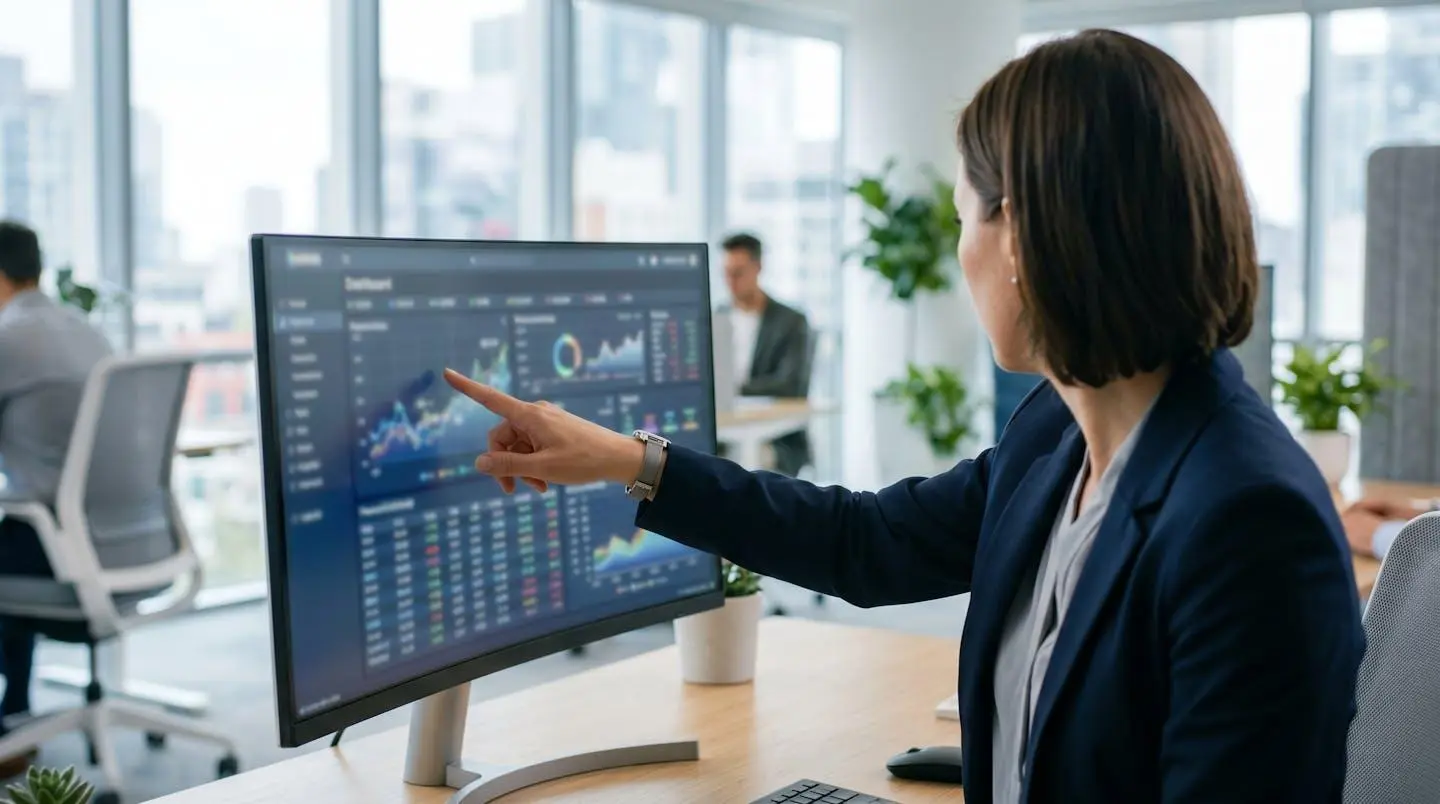 Personne de dos consultant un tableau de bord financier sur ordinateur, geste de pointage, ambiance de travail concentré