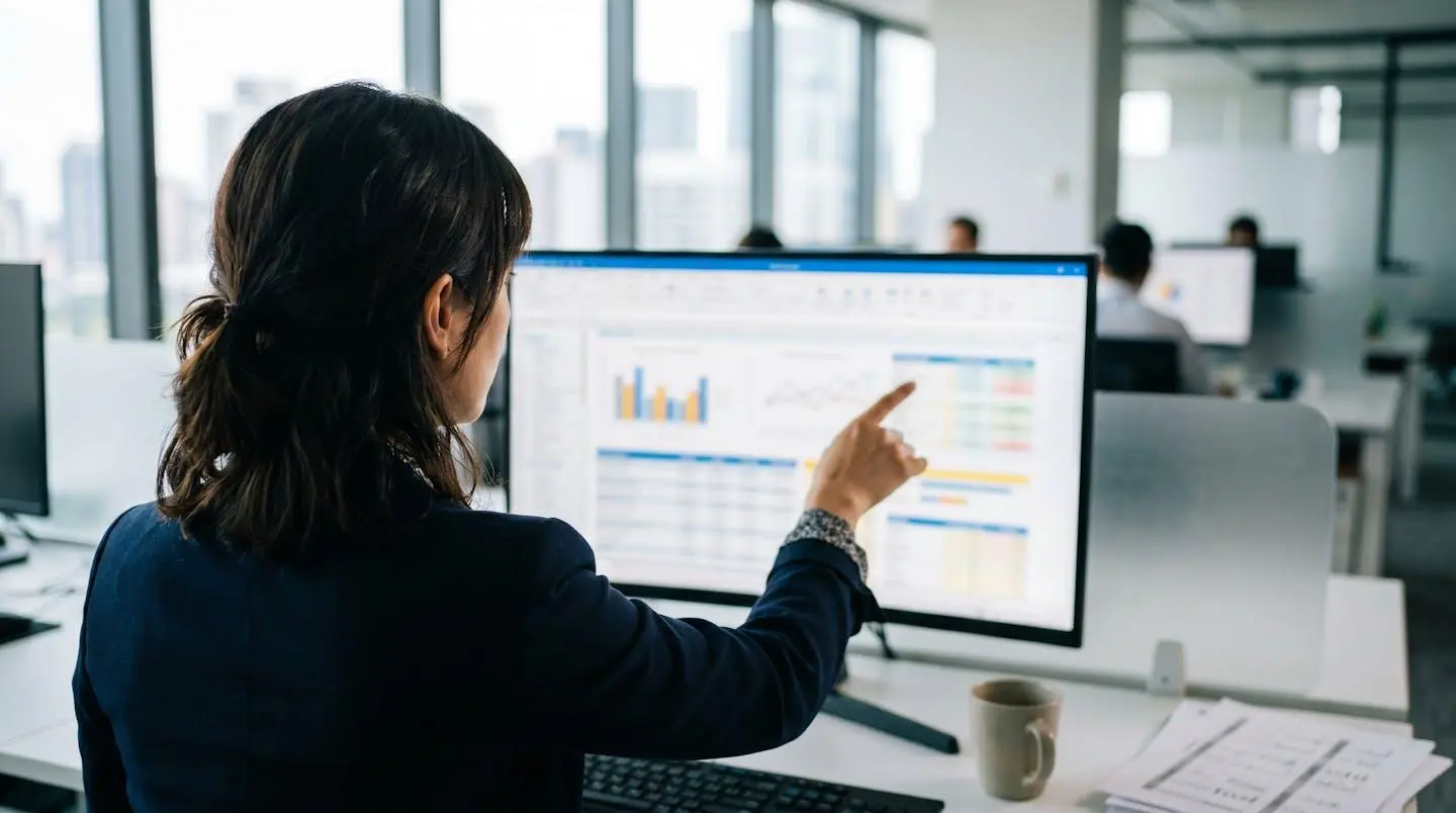 Personne de dos consultant un tableau de bord financier sur ordinateur, geste de pointage, ambiance de travail concentré