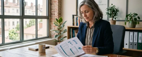 Chef d'entreprise PME analysant le dossier financier d'un prospect avant signature de contrat