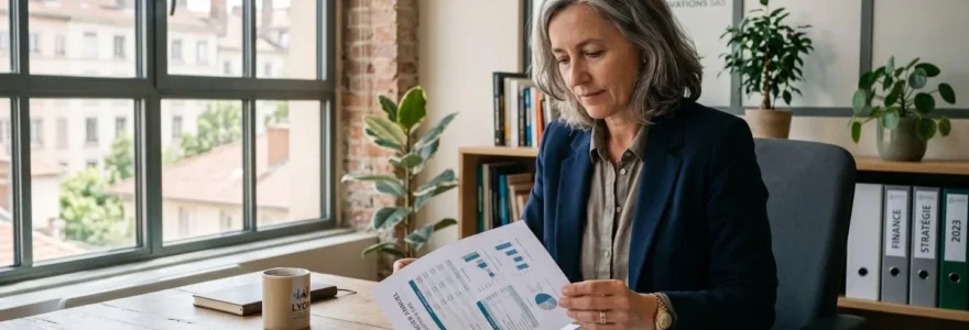 Chef d'entreprise PME analysant le dossier financier d'un prospect avant signature de contrat