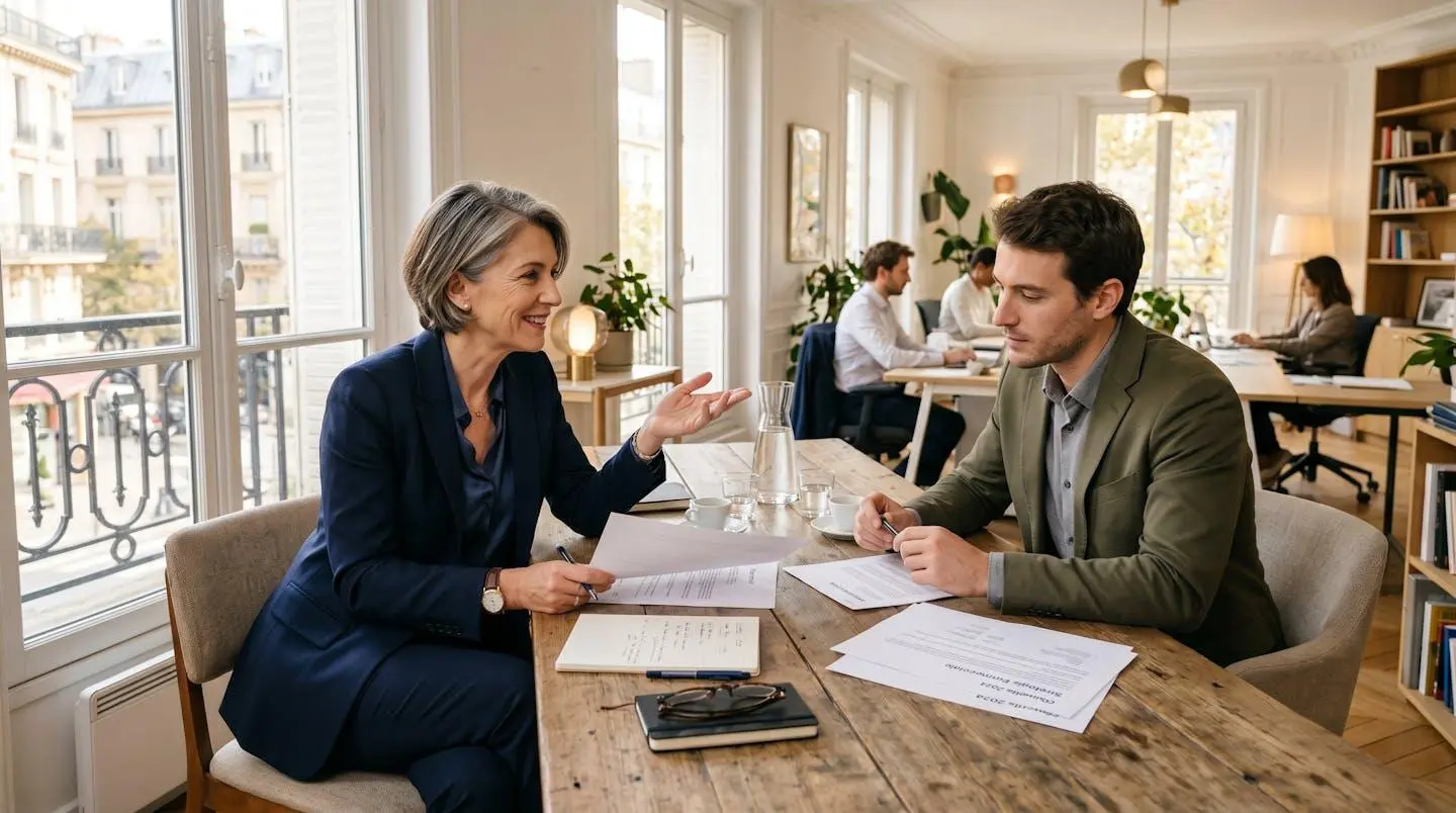Dirigeante de PME française menant un entretien commercial avec un prospect dans un espace de travail ouvert, évaluant son profil