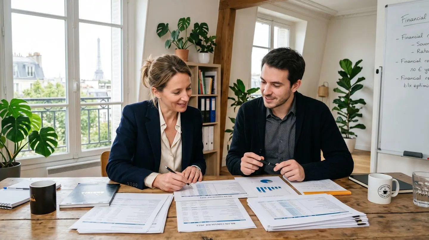 Équipe comptable d'une PME française passant en revue les documents financiers d'un prospect pour évaluer son risque de solvabilité